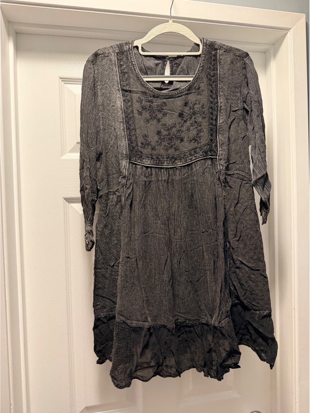 YOUNG THREADS Charcoal Aari Embroidered Boho Babydoll Mini Dress NWT 1X